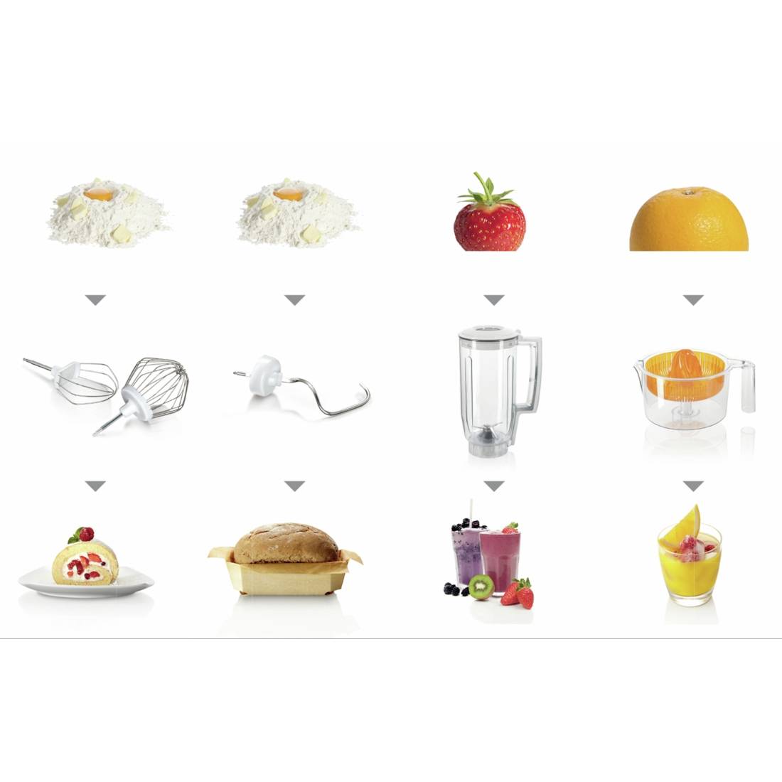 Ingredienti e utensili da cucina: Farina, uova, fragole, arancia, frullatore, gancio per impastare, spremi agrumi. Risultati: torta, pane, frullato.