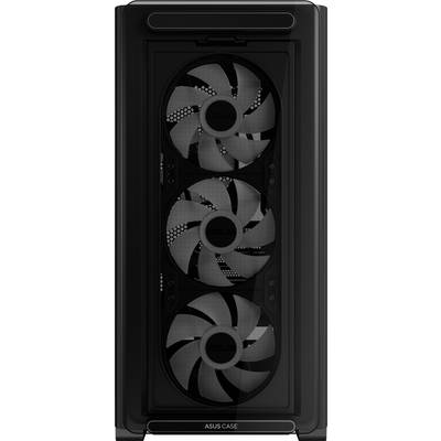 Custodia per computer nera con pannello trasparente che mostra tre grandi ventole di raffreddamento. Marcatura 'ASUS CASE' sul lato inferiore.