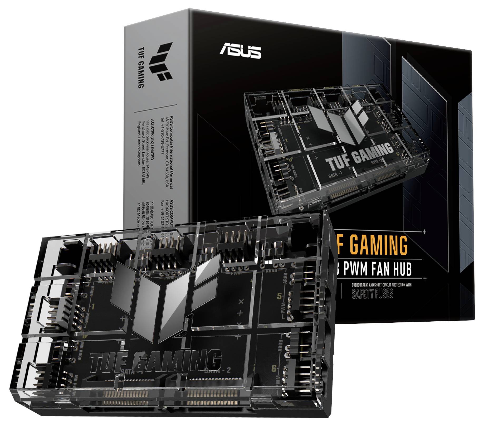 Hub 'ASUS TUF Gaming PWM Fan Hub' con confezione sullo sfondo. L'hub dispone di multiple possibilità di collegamento per ventole.