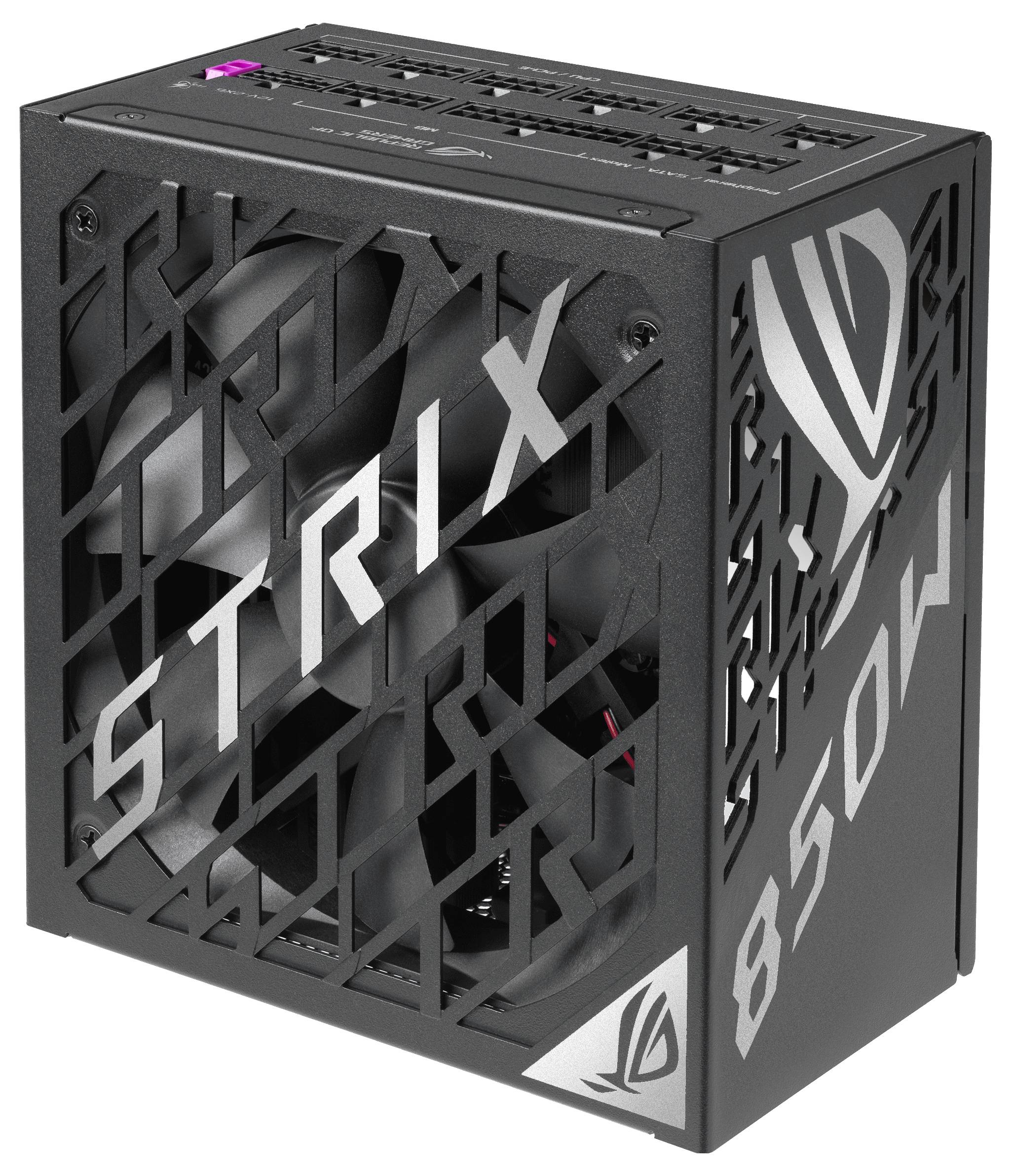 Un alimentatore PC nero con la scritta 'Strix' e '850W'. Ha una griglia di ventilazione e vari connettori sulla parte superiore.