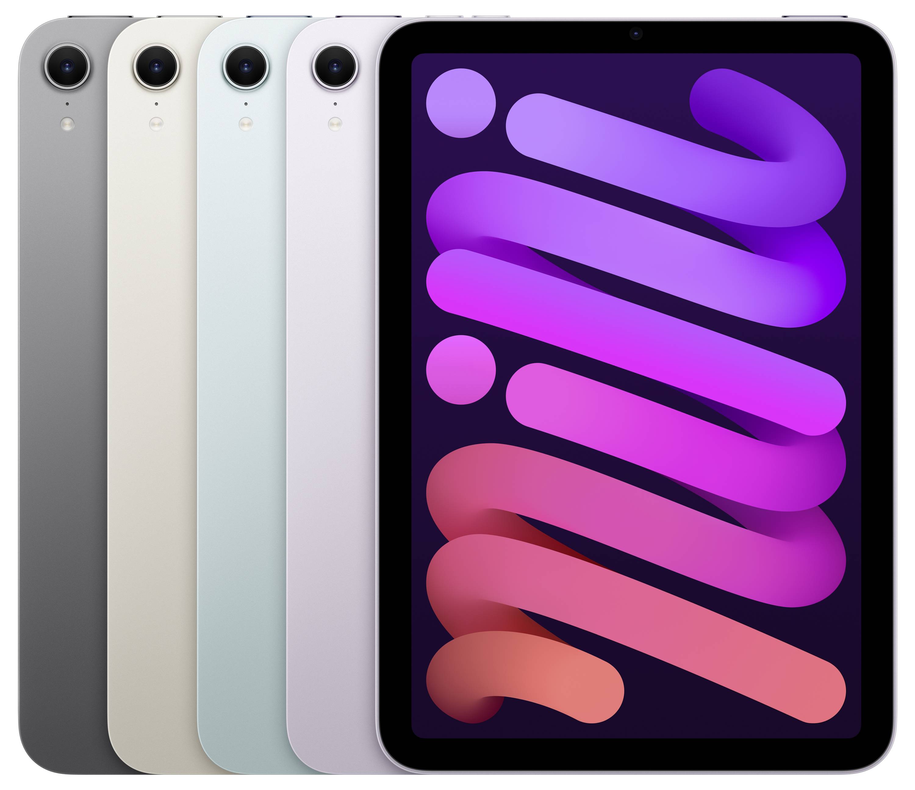 Cinque tablet di diversi colori affiancati, con un display frontale che mostra un motivo a spirale colorato.