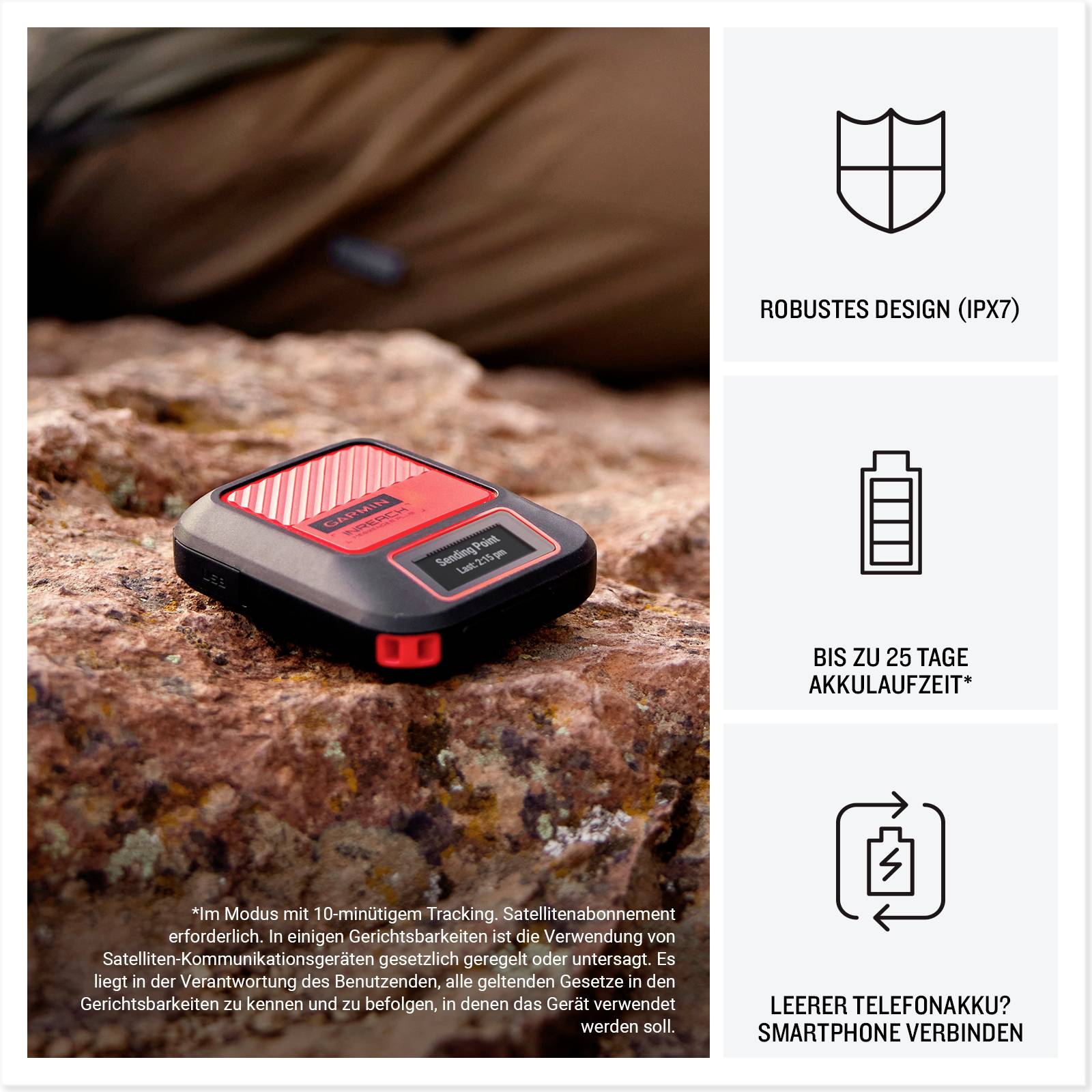 'Dispositivo GPS rosso, robusto su roccia, con autonomia batteria fino a 25 giorni e connettività Bluetooth. Design robusto (IPX7).'