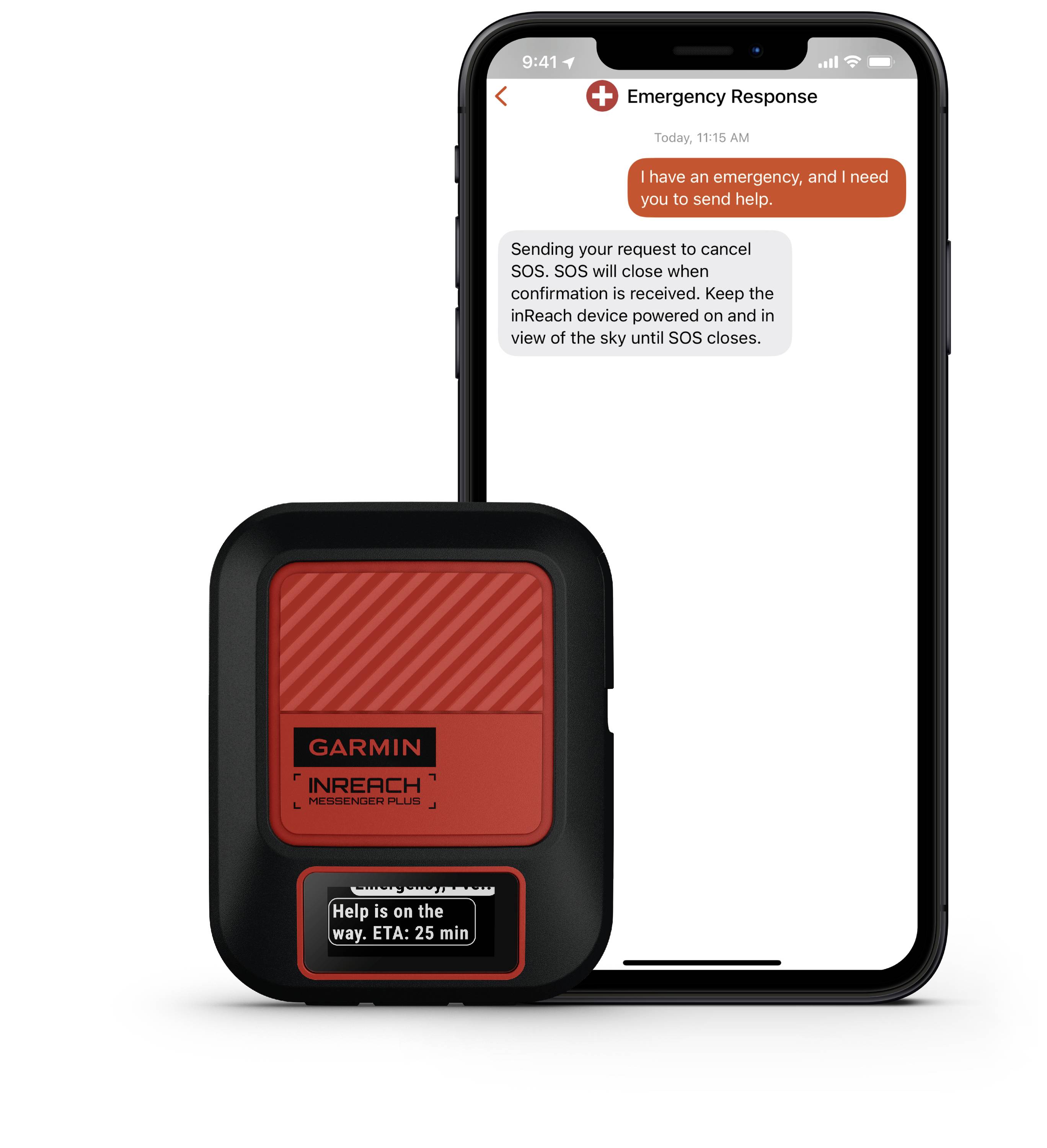 Un dispositivo di emergenza nero e rosso accanto a uno smartphone che mostra un messaggio SOS. Il testo promette aiuto entro 25 minuti.