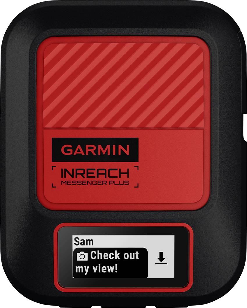 Un dispositivo Garmin InReach con un messaggio sul display che recita: 'Sam: Dai un'occhiata al mio panorama!'