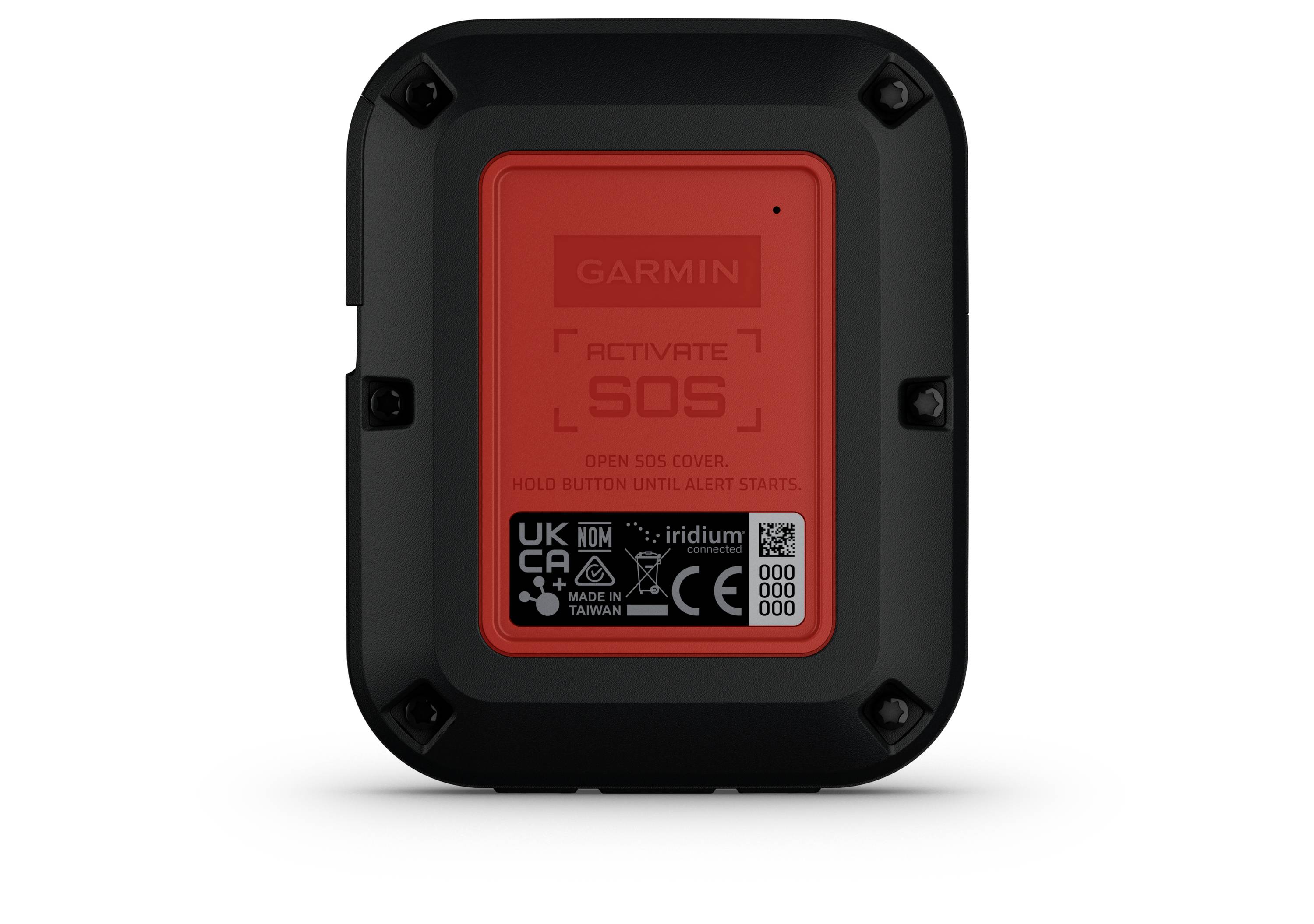 Dispositivo elettronico rosso con bordo nero e testo 'Attiva SOS'. Contiene simboli di certificazione UKCA e CE.