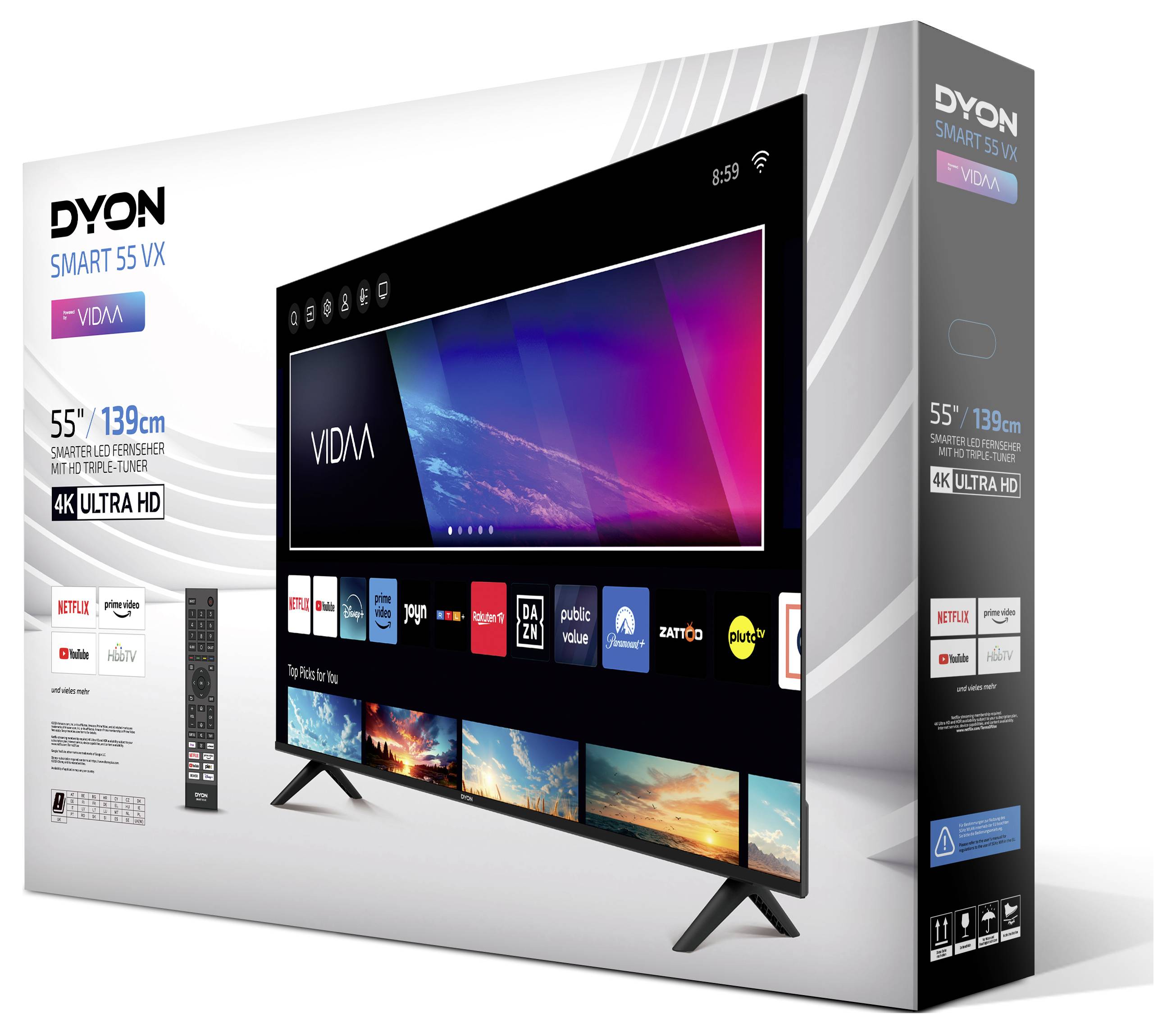 Confezione di un televisore Dyon Smart da 55 pollici 4K UHD. Mostra il design e le funzionalità, incluse app come Netflix e YouTube.