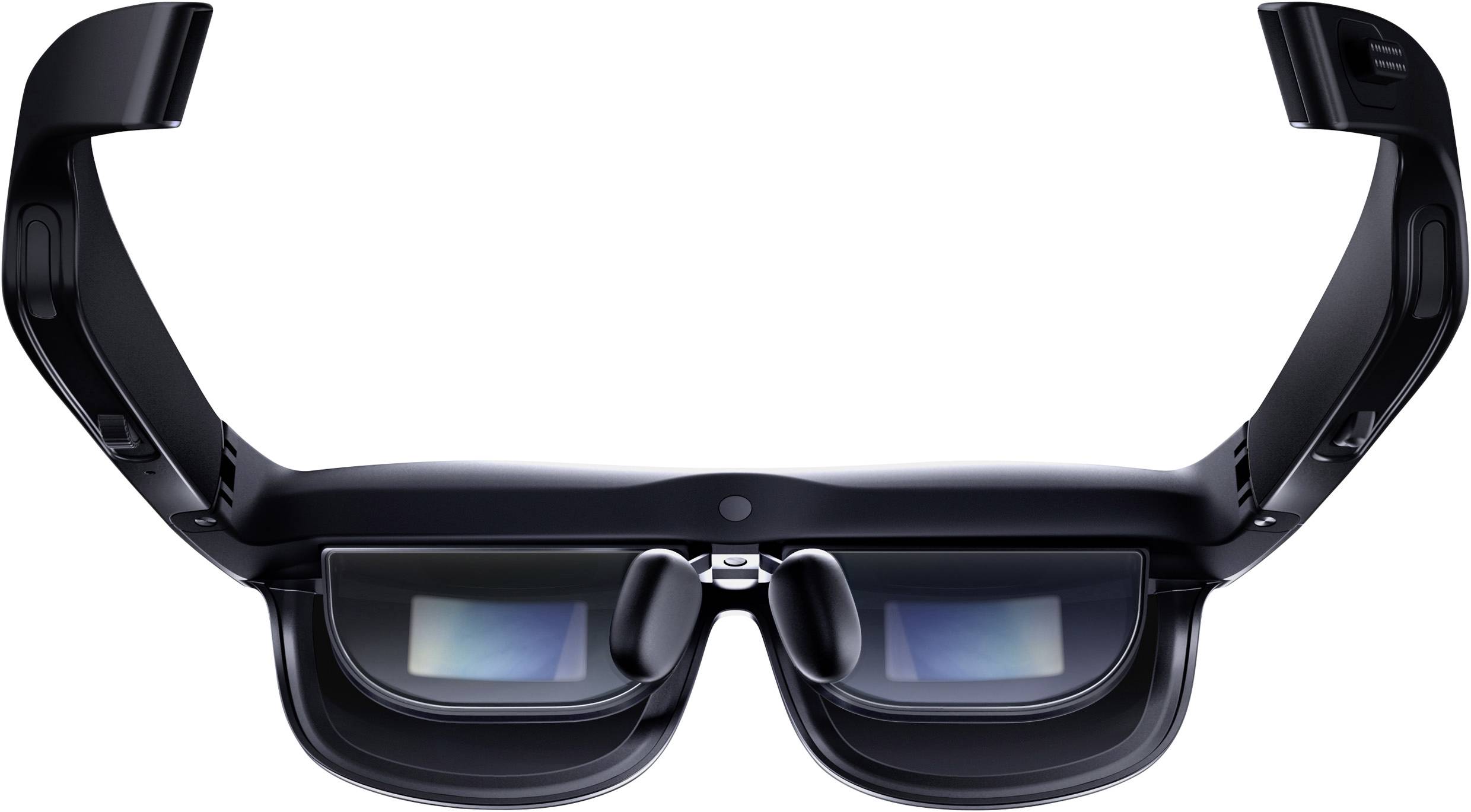 Un paio di occhiali AR neri con lenti trasparenti e design tecnico. Offre realtà aumentata per esperienze interattive.