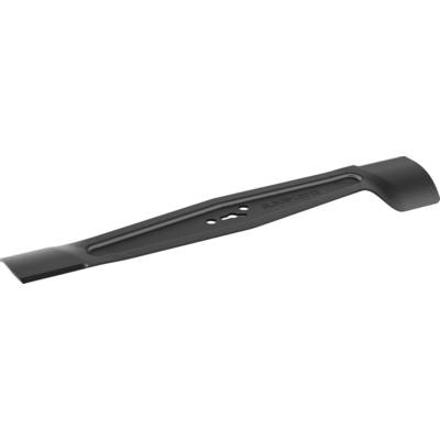 Un singolo coltello nero per tagliaerba in metallo con due fori per il fissaggio al centro, leggermente inclinato alle estremità.