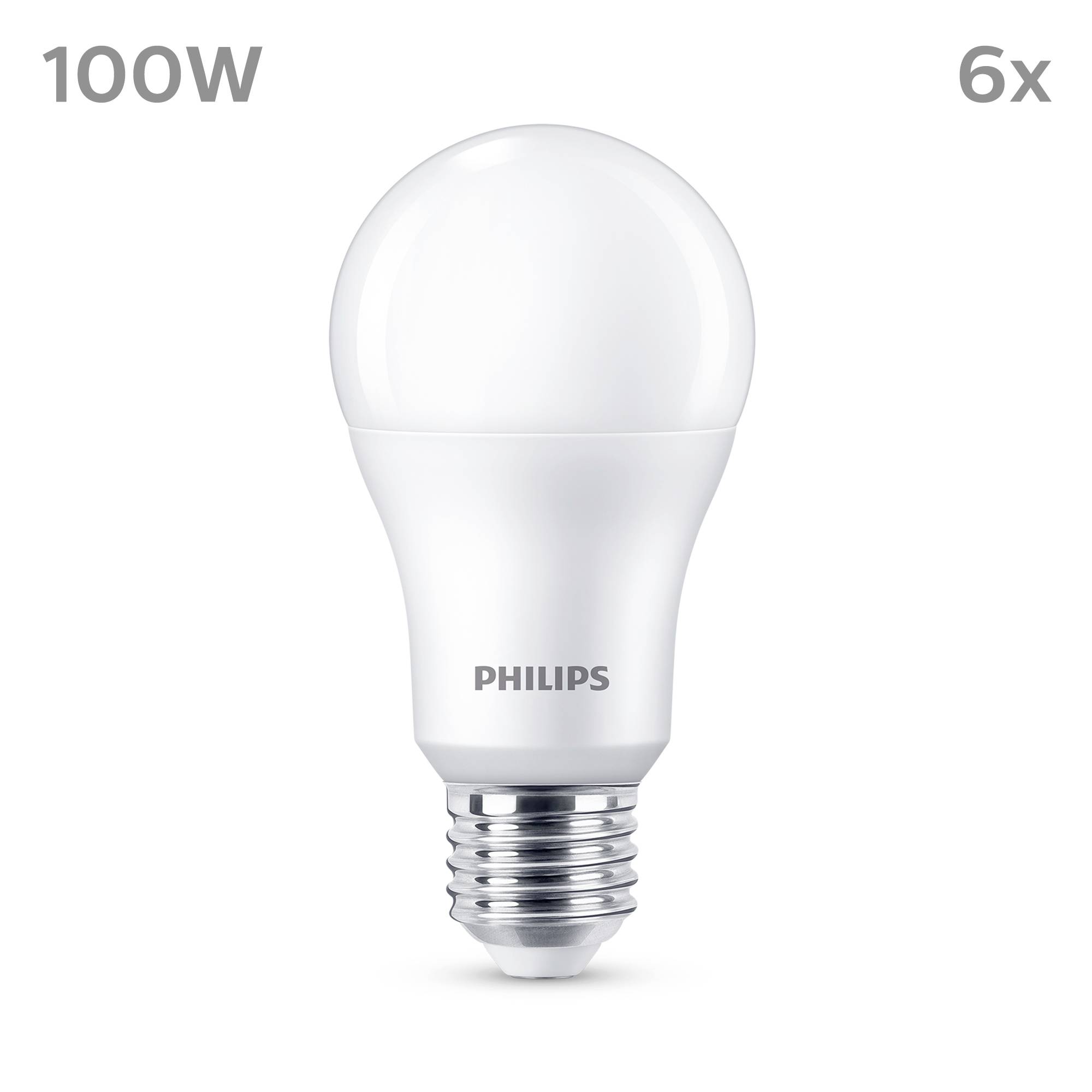 Lampadina LED Philips, 100W, attacco bianco, raffigurata su sfondo bianco; confezione da 6 pezzi.