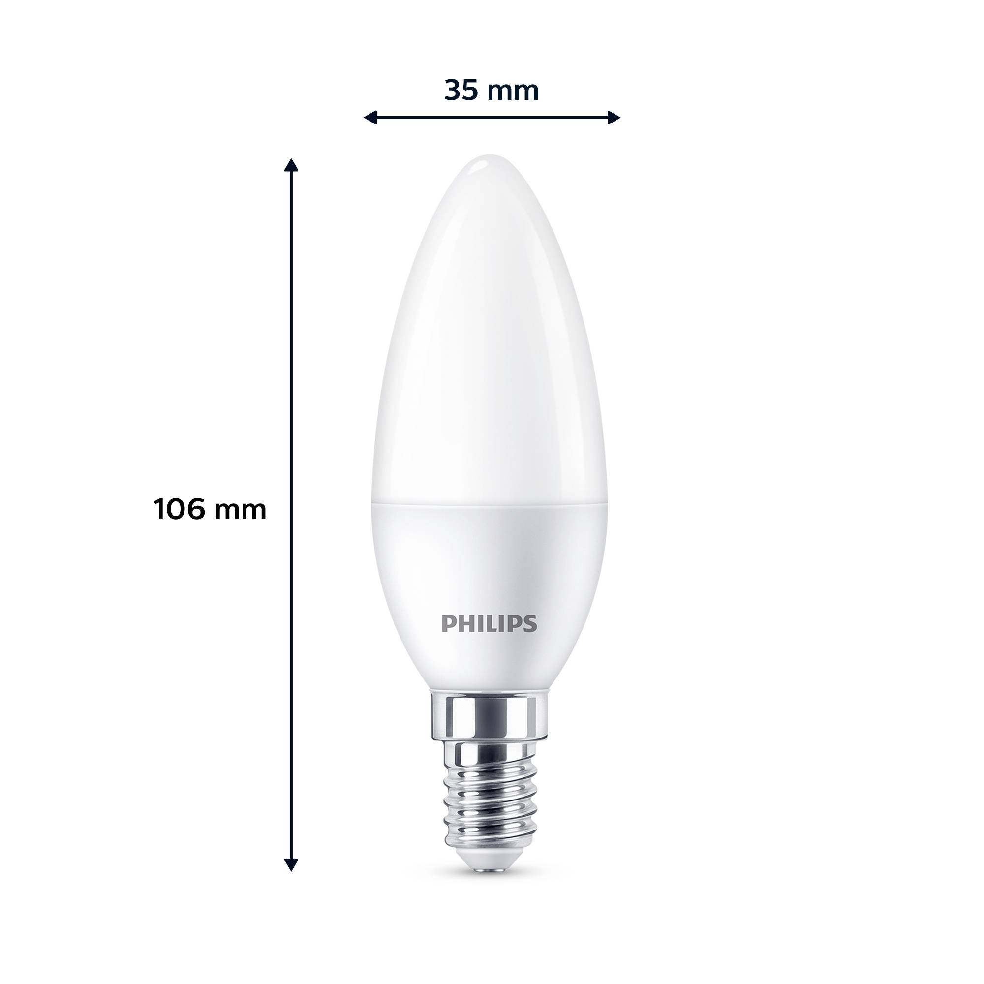 Lampadina LED Philips, forma a candela con attacco E14. Dimensioni: 106 mm di altezza, 35 mm di larghezza. A risparmio energetico per portalampade.