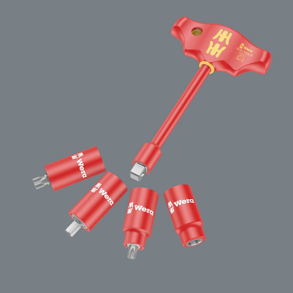 Impugnatura rossa per utensile con logo 'Wera', con cinque inserti intercambiabili. Uno è fissato, quattro sono posizionati accanto. Sviluppato per lavori artigianali.