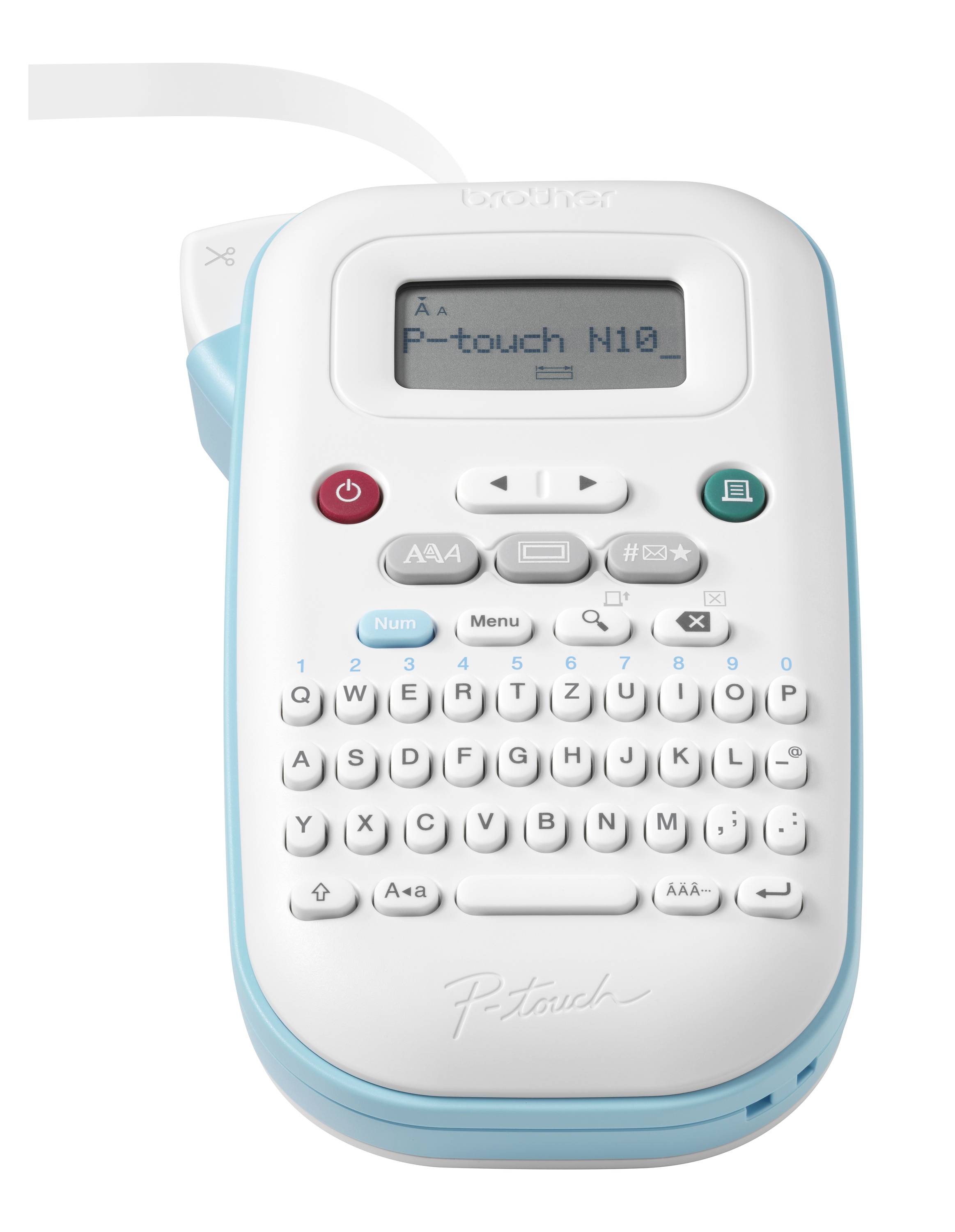 Un dispositivo portatile per etichettare con display e tastiera. È acceso e mostra 'P-touch N10' sul display.