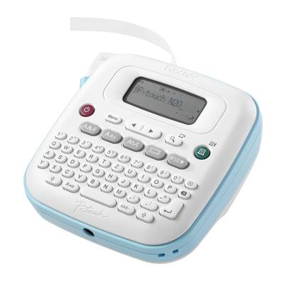 Dispositivo portatile per etichettare con tastiera e display. Mostra il testo 'P-touch A20', prodotto da Brother. Principalmente bianco e blu.