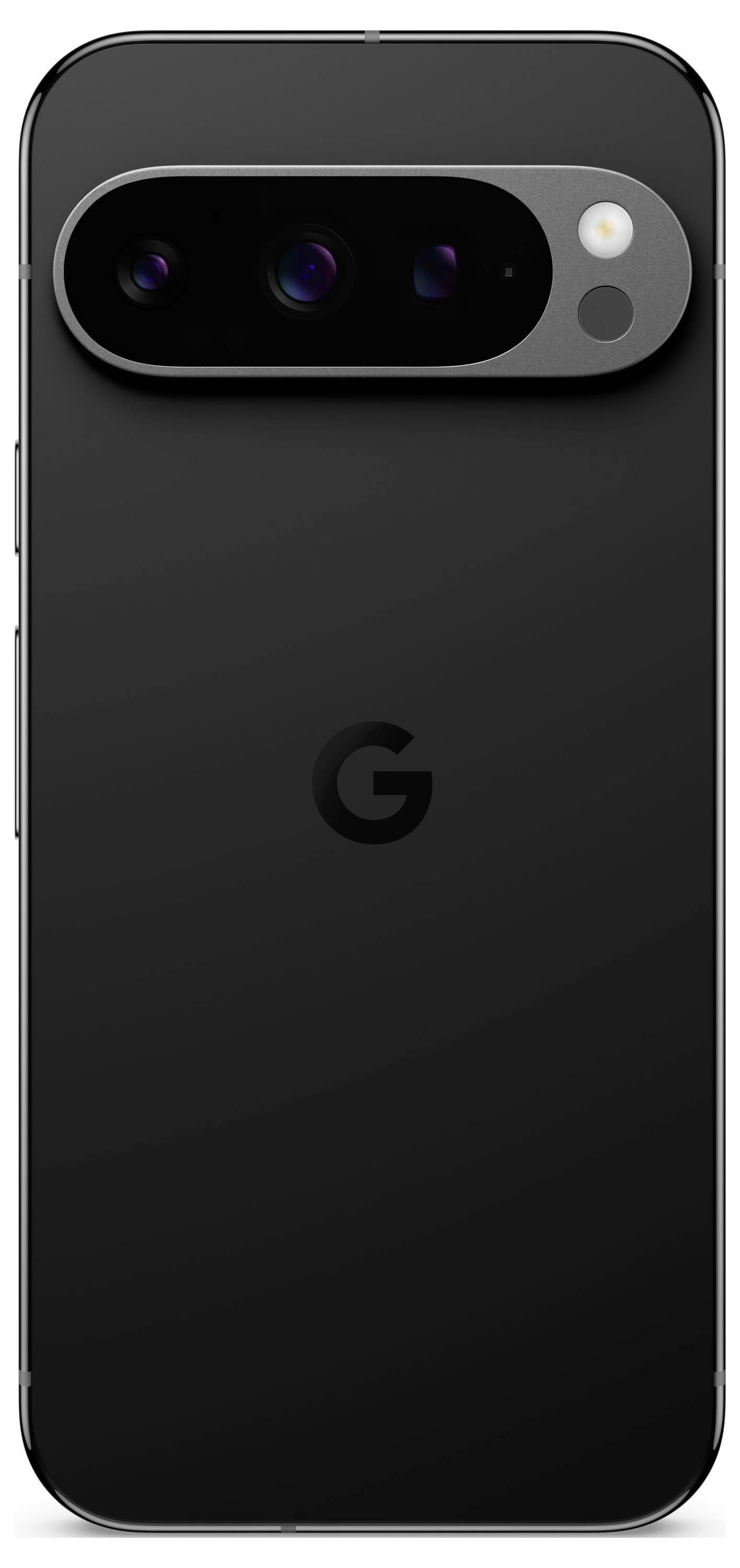 Retro di uno smartphone nero con una tripla fotocamera orizzontale e flash LED nella metà superiore; logo 'G' distintivo sotto la fotocamera.