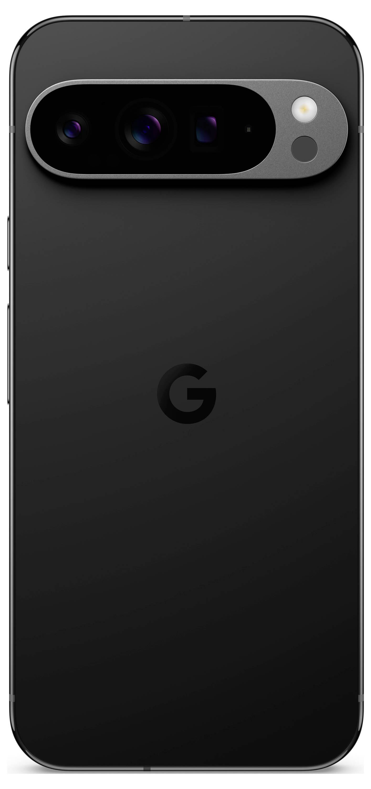 Smartphone nero con il logo 'G' sul retro, tre obiettivi della fotocamera e flash nella parte superiore.