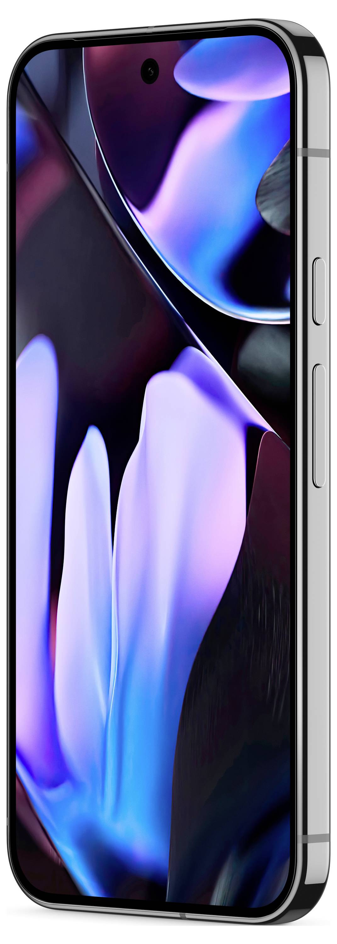 Smartphone con display lucido in un ambiente scuro, che mostra forme astratte luminose blu e viola.