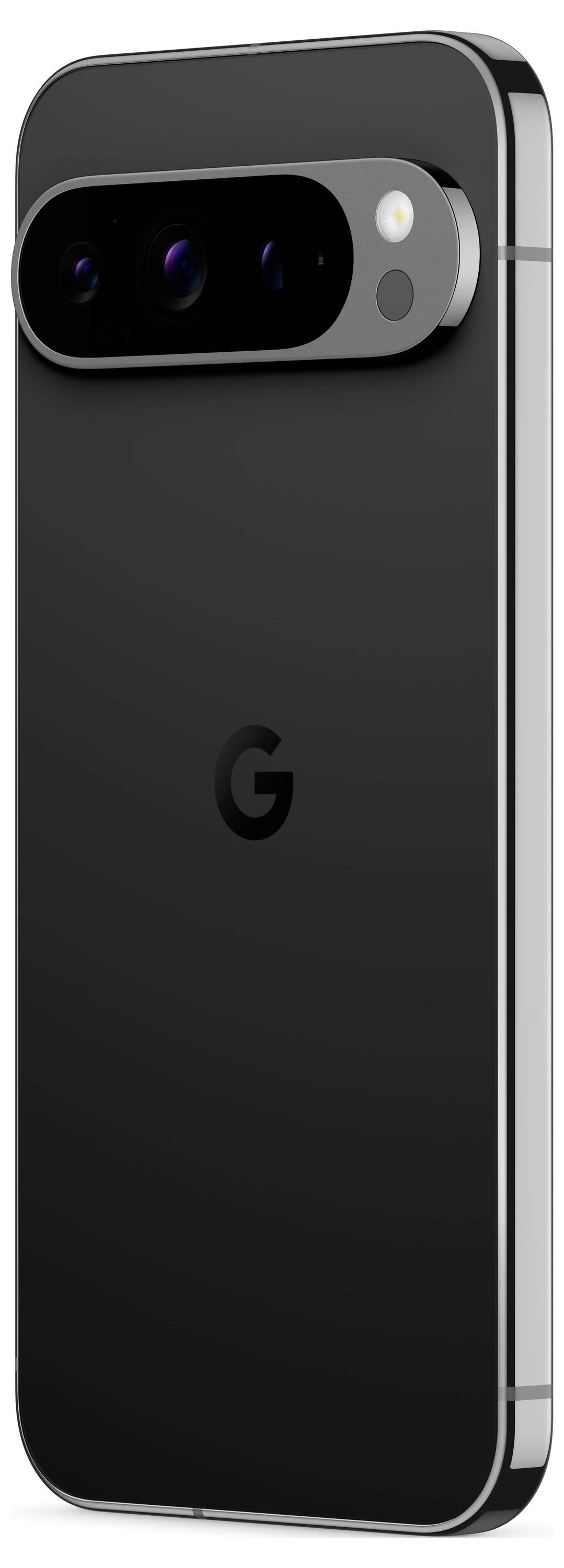 Un telefono nero con un grande modulo fotocamera sul retro e un logo 'G' al centro.