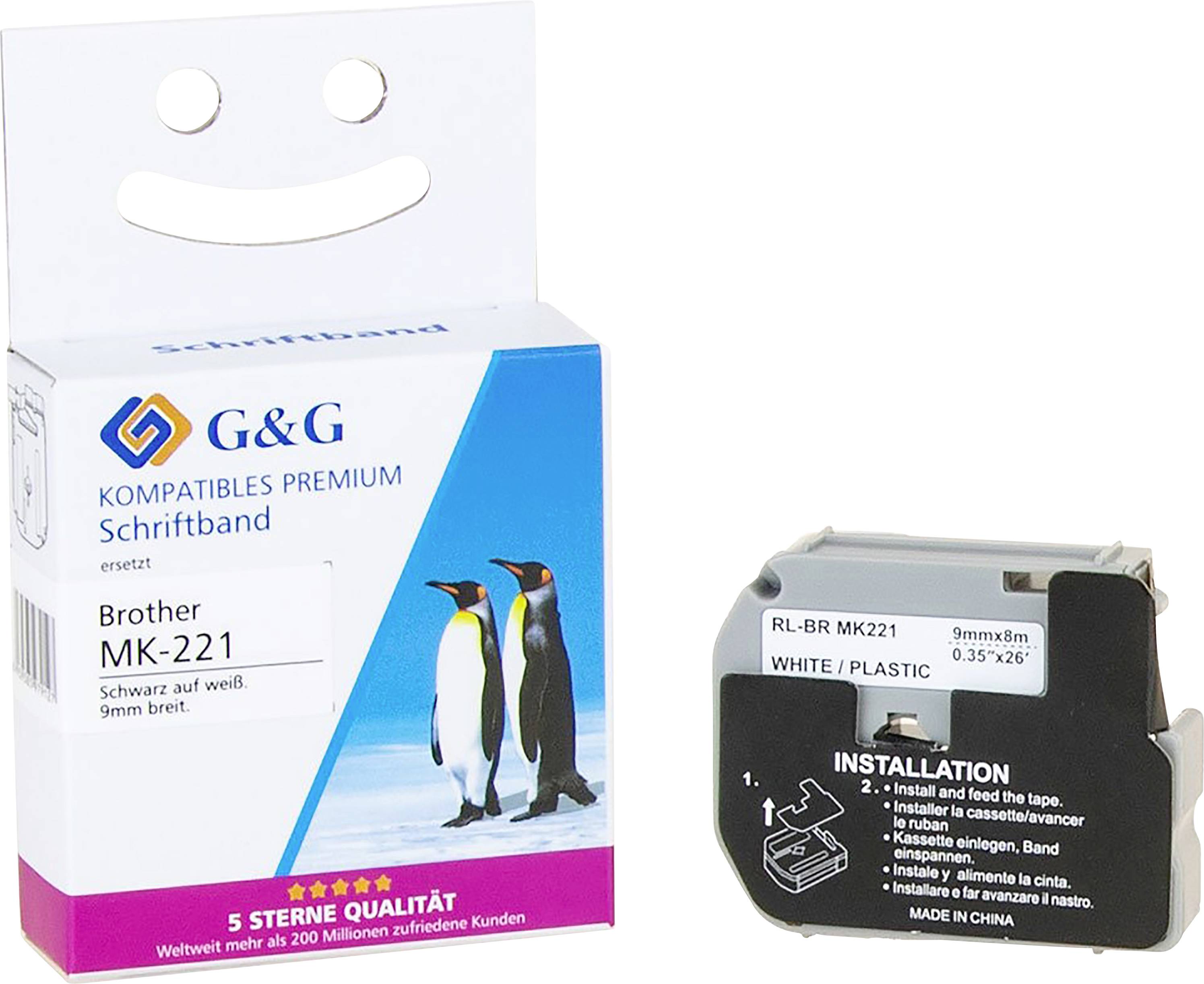 Nastro per etichette compatibile con Brother MK-221. Colore: Nero su Bianco, larghezza: 9 mm. Confezione con illustrazione di pinguini.