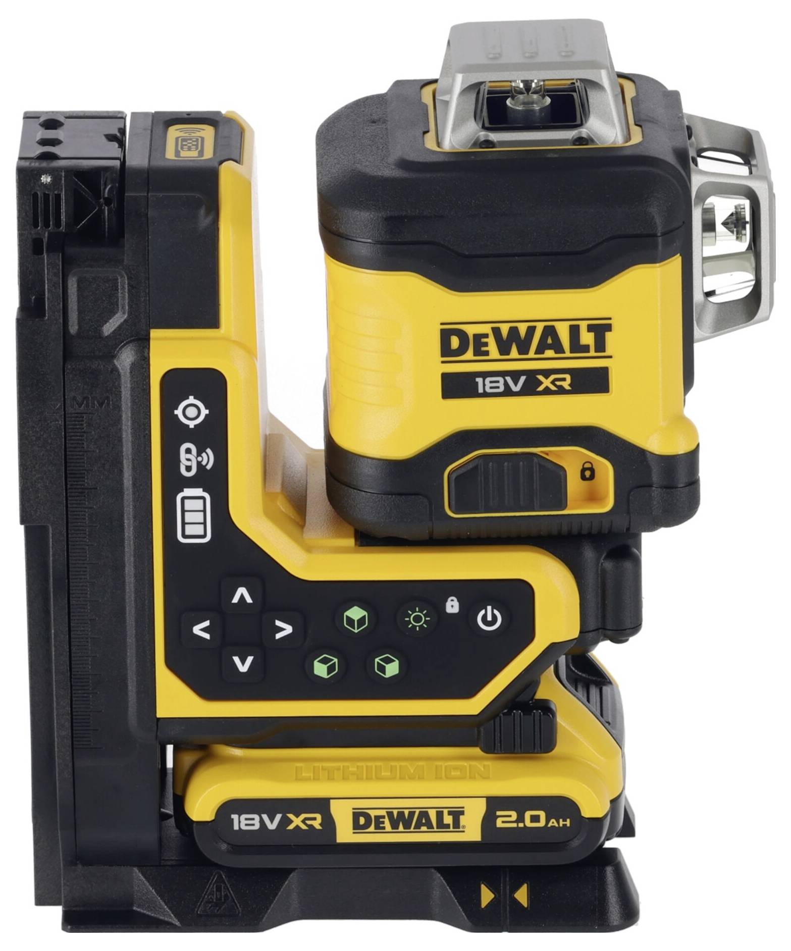 Un dispositivo di livellamento laser DeWalt 18V XR giallo, in piedi, con involucro nero e dettagli gialli, adatto per misurazioni edili precise.