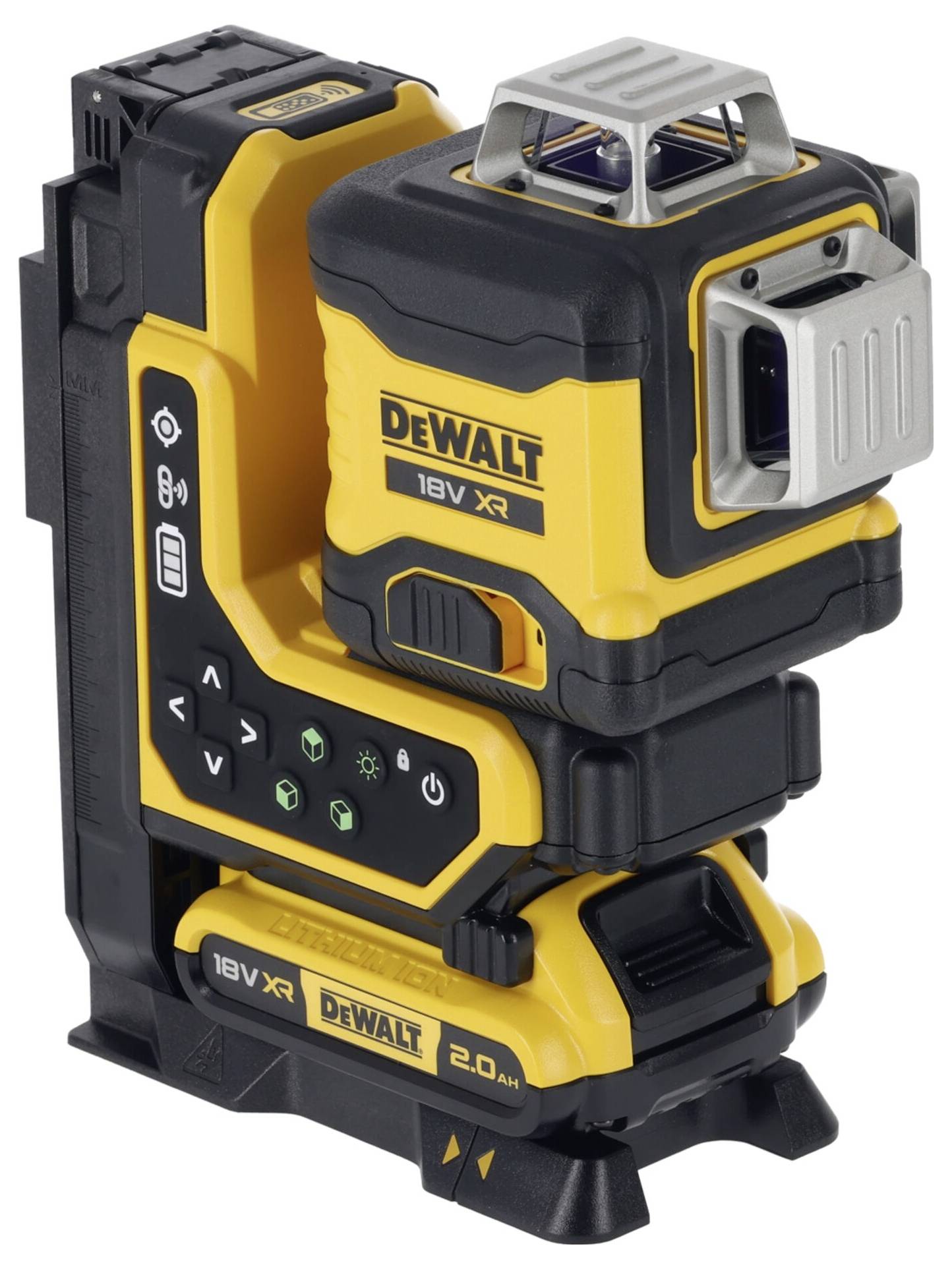 Laser DeWalt 18V XR giallo e nero con pacco batteria; utilizzato per il livellamento preciso nei cantieri edili.