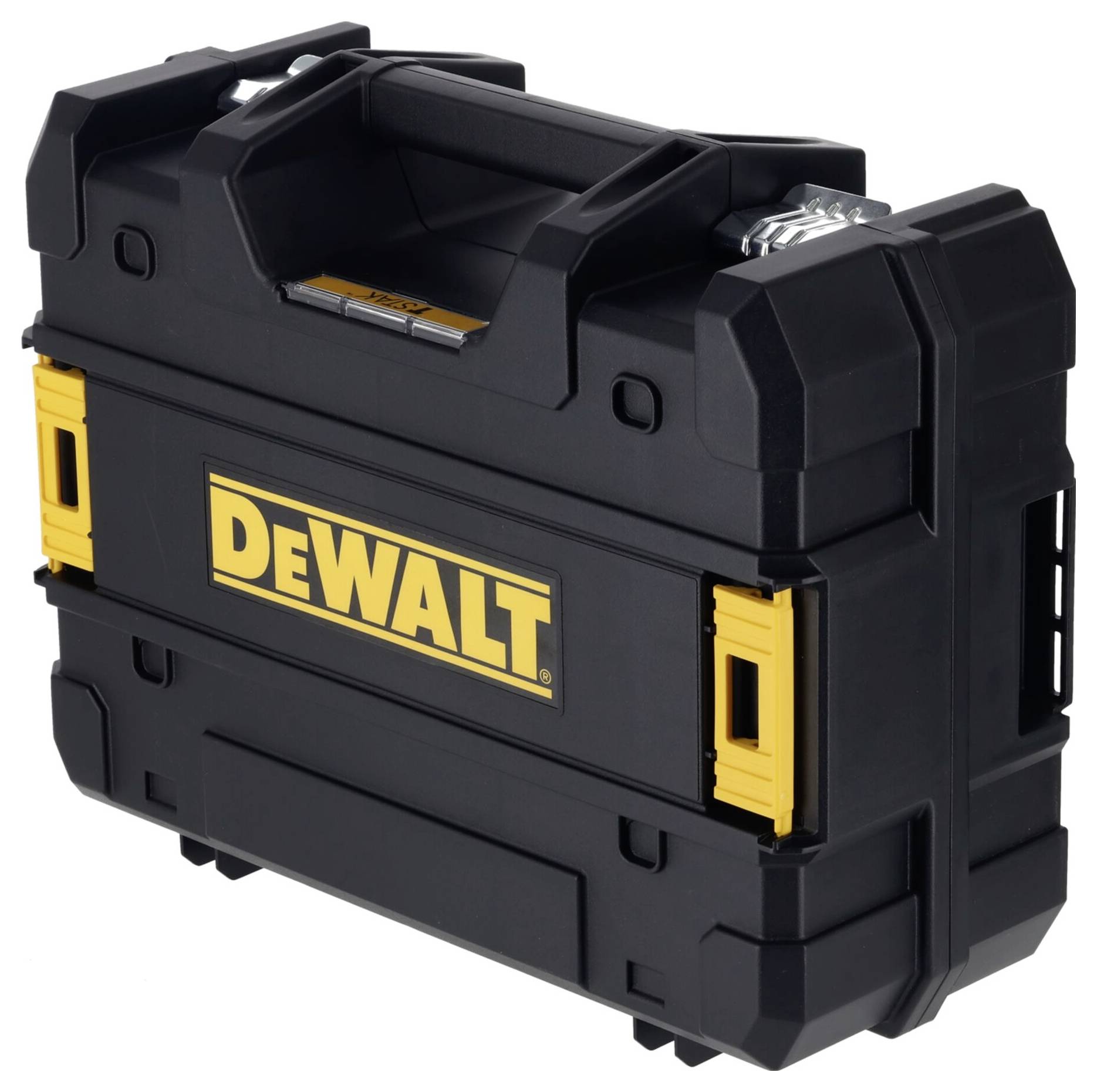 Un contenitore per attrezzi nero con il logo giallo 'DeWalt' al centro, robusto e portatile, con coperchio chiudibile e impugnatura.
