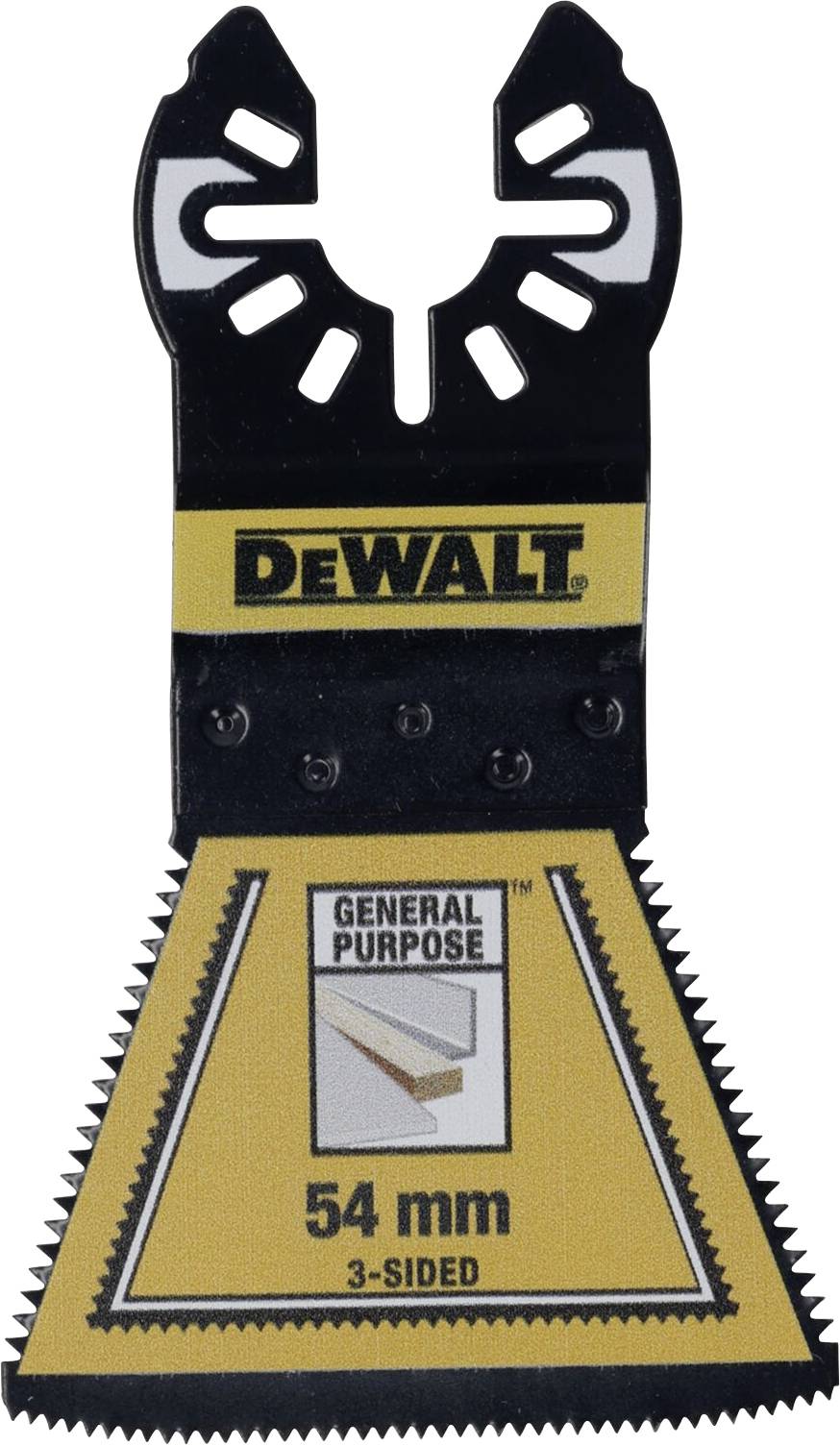 Lama per sega triangolare DeWalt, 54 mm, per usi generali. Confezione nera e gialla con design a dente di sega.