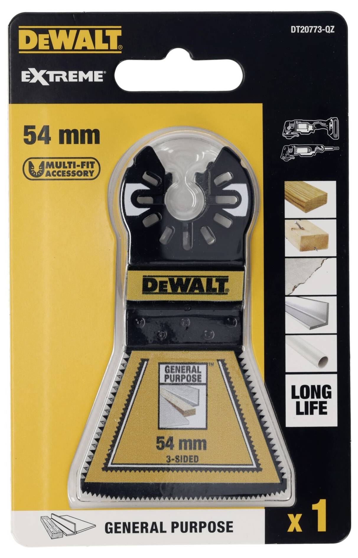 Confezione di una lama da sega DeWalt, 54 mm, per uso generico. Mostra dettagli per l'applicazione su legno, PVC e metallo.