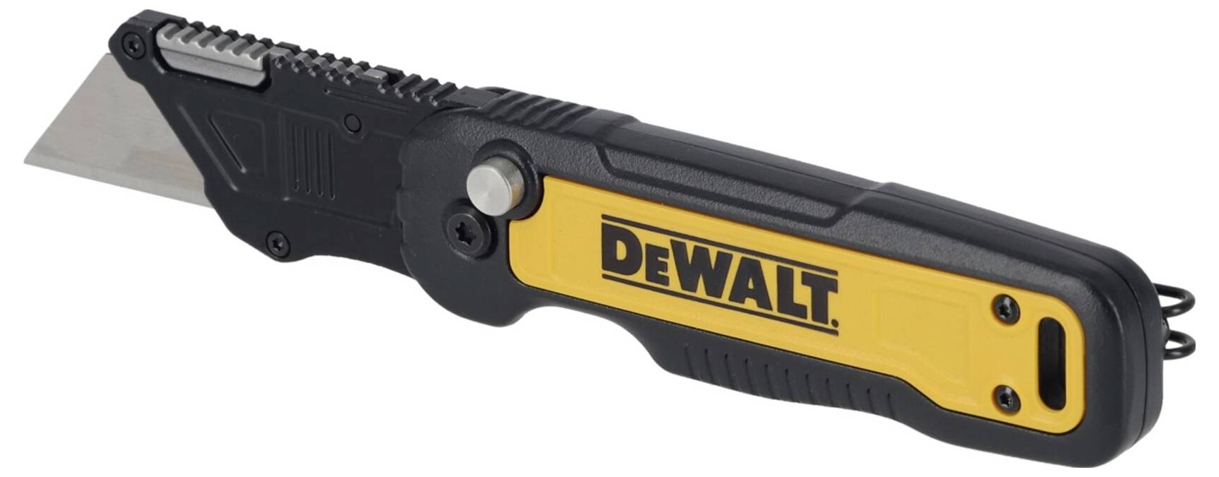 Un coltello universale giallo e nero con la scritta 'DEWALT', vista laterale.