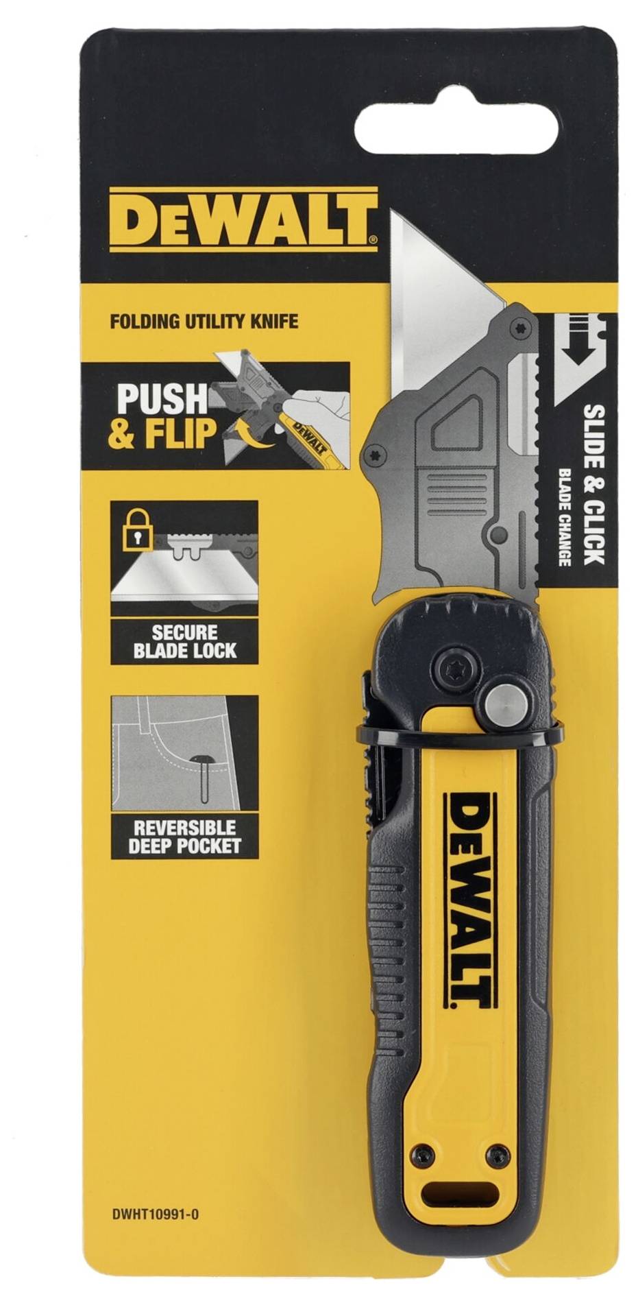 Cutter universale pieghevole DEWALT in confezione, che mostra il meccanismo 'Push & Flip', con blocco di sicurezza e clip profonda.