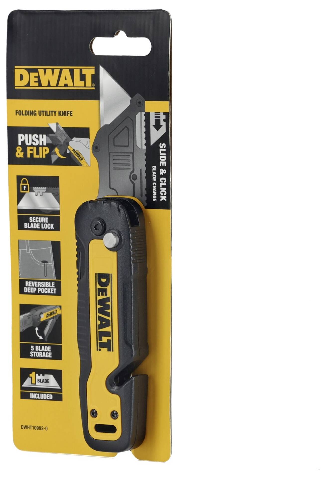 Coltello multiuso pieghevole DeWalt, confezionato. Funzioni: meccanismo a scorrimento, clip reversibile, blocco di sicurezza.