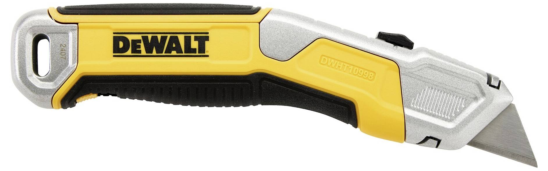Un taglierino giallo e nero con logo 'DEWALT' e impugnatura robusta, adatto per lavori di taglio precisi in ambienti di officina.