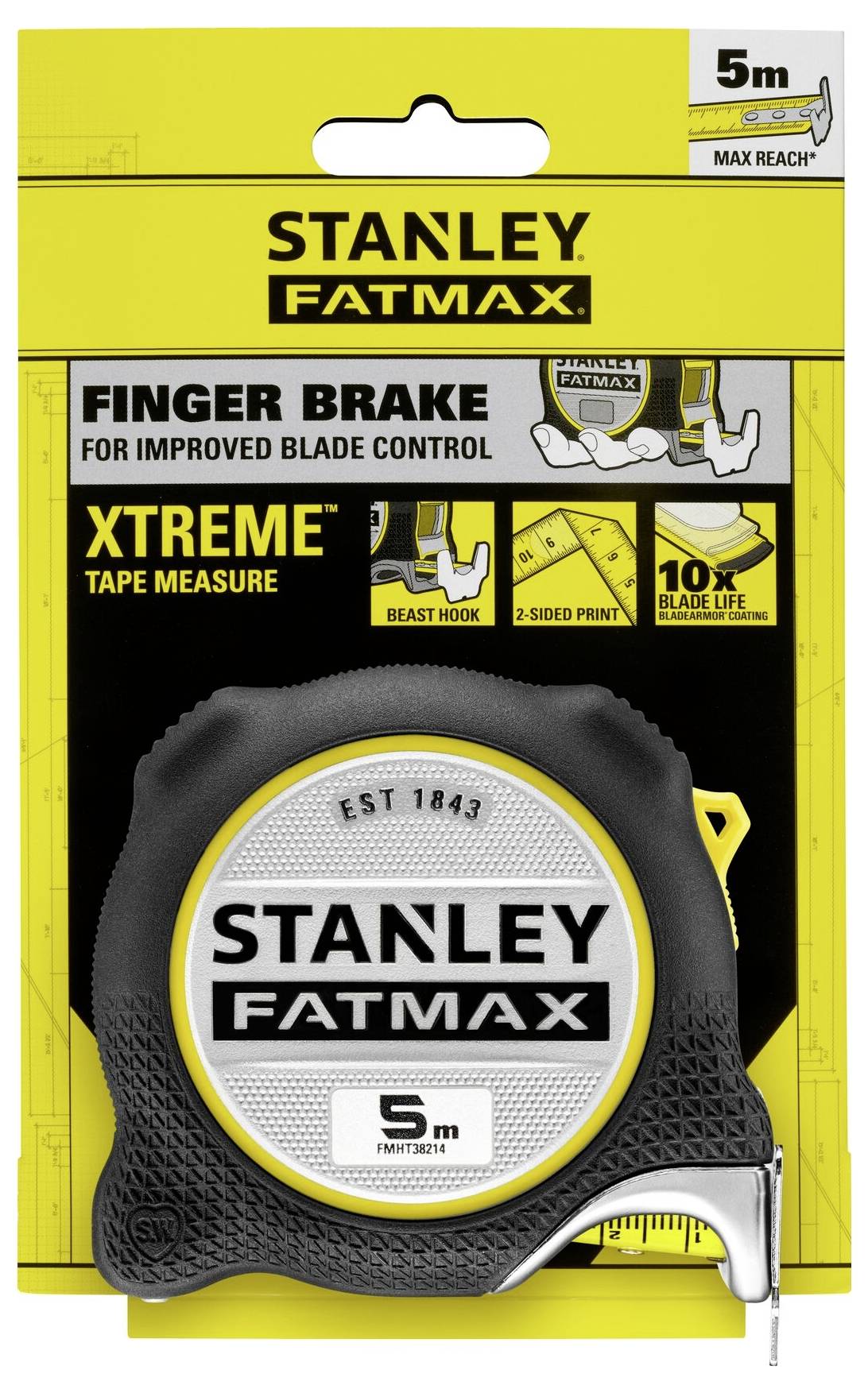 Confezione del metro a nastro Stanley FatMax da 5m. Contiene informazioni sul migliorato controllo della lama e una durata 10 volte superiore.
