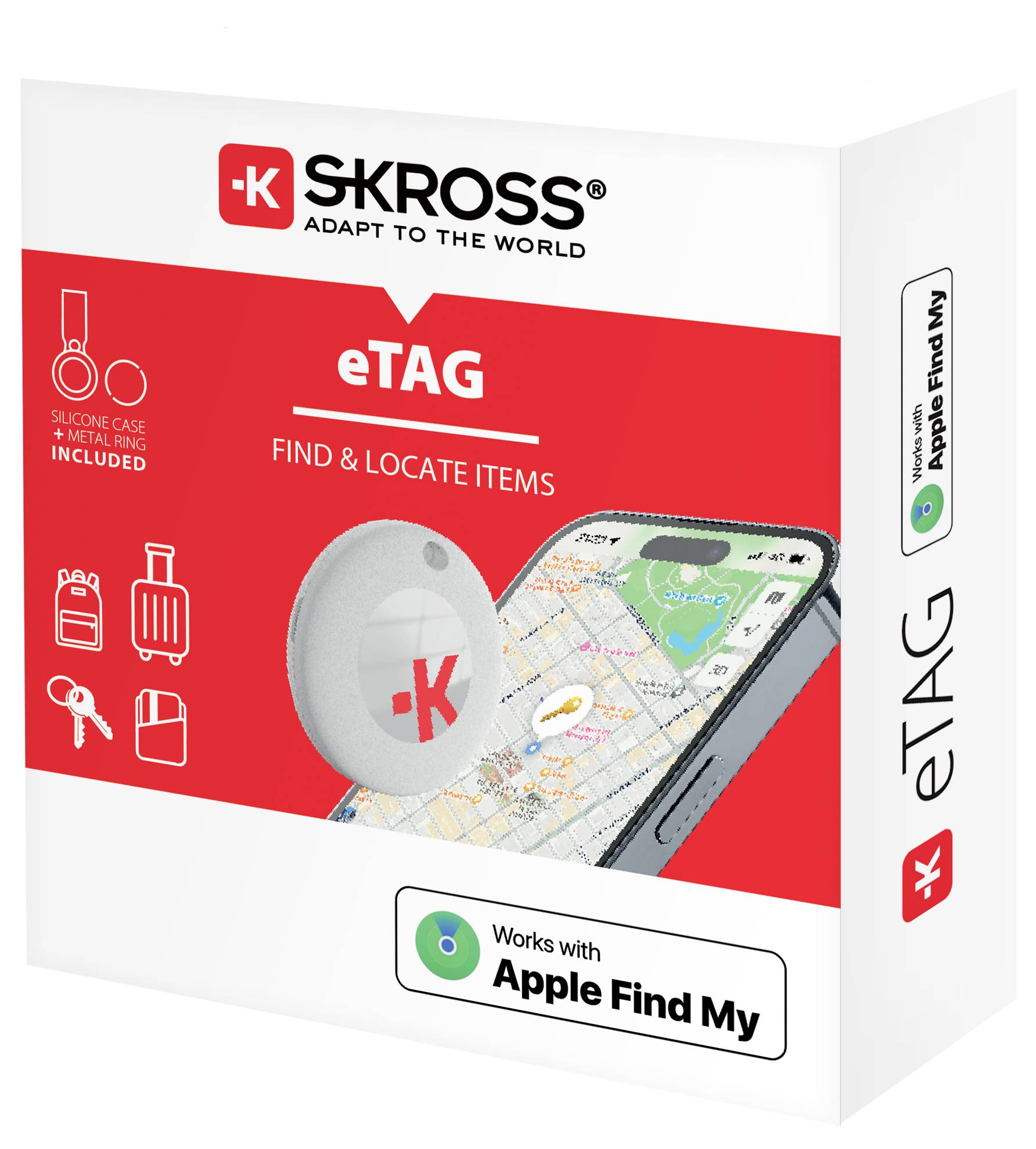 Immagine di una confezione SKROSS eTAG. Mostra un dispositivo eTAG davanti a un'app per carte su uno smartphone. Testo: 'Trova & Individua Oggetti'.