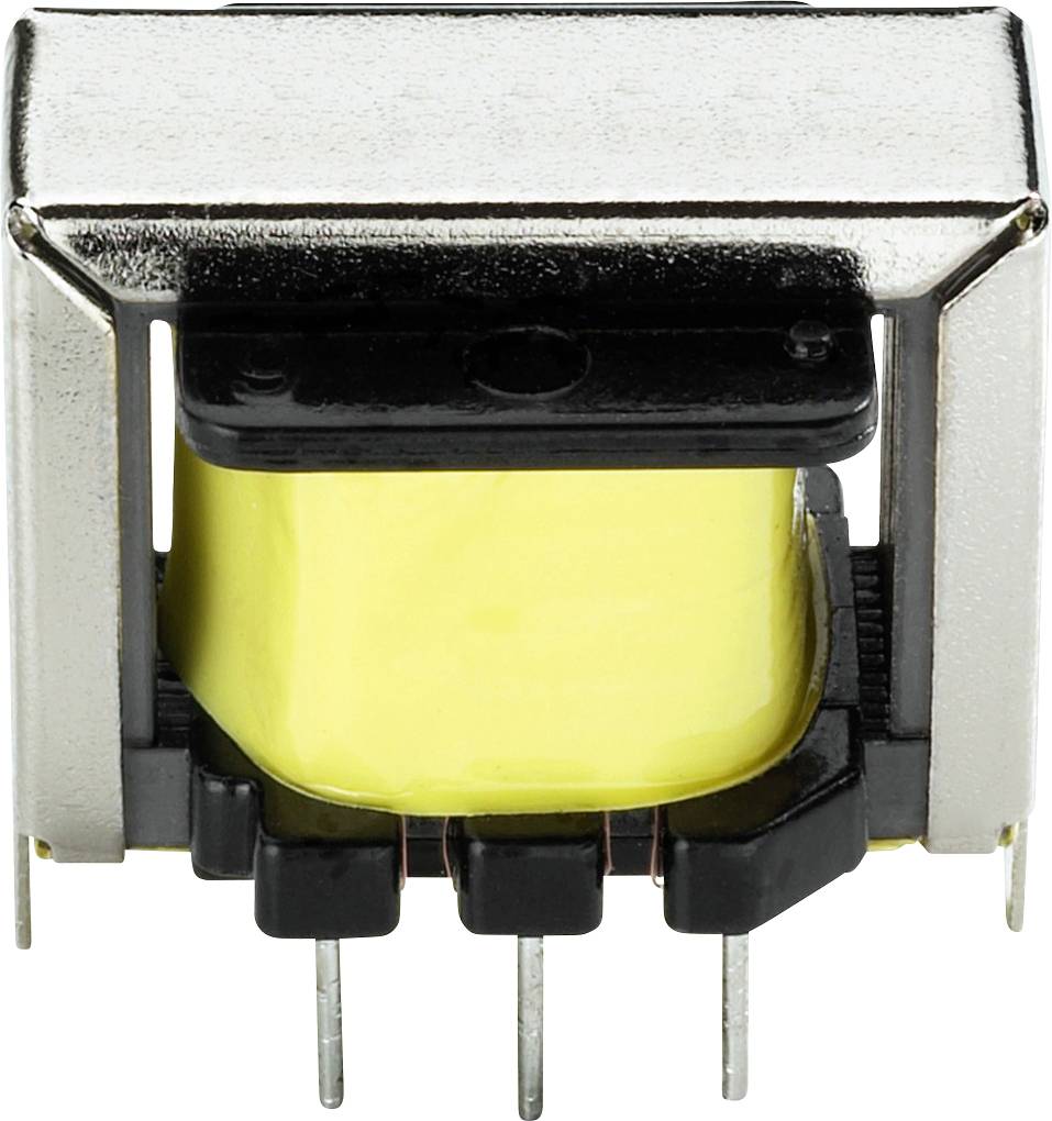 Trasformatore con nucleo giallo e involucro argentato, con quattro piedini di connessione per circuiti elettrici nella parte inferiore.