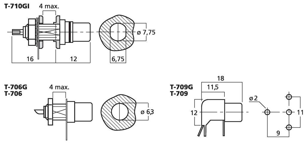 Disegno tecnico dei connettori T-710GI, T-706G/T-706, T-709G/T-709 con dimensioni e indicazioni delle lunghezze massime.