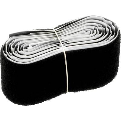 Un nastro a strappo nero ben piegato, con interno bianco, fissato da un elastico bianco.