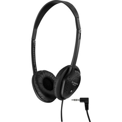 Un paio di cuffie nere con padiglioni auricolari girevoli e cuscinetti imbottiti, accanto a un jack audio da 3,5 mm.