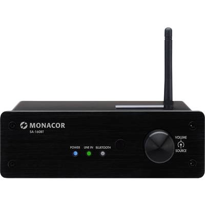 Un amplificatore compatto nero con antenna Bluetooth. Marcature: Accensione, Line In, Bluetooth, regolatore del volume e logo del marchio.