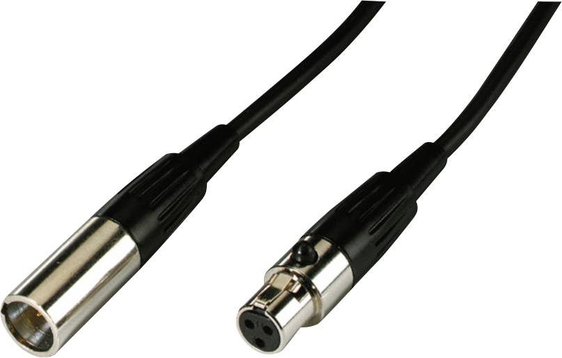 Un cavo audio XLR con spina e presa, utilizzato per connessioni audio professionali, su uno sfondo bianco.