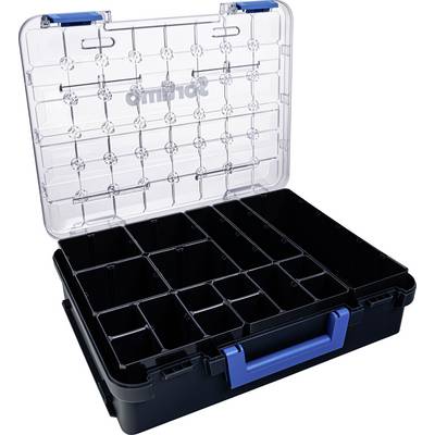 Un piccolo cassetta degli attrezzi aperta con coperchio trasparente, diversi scomparti vuoti e un manico blu.