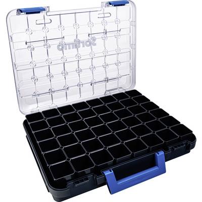 Scatola trasparente con manico blu, contiene 48 scomparti neri per conservare piccoli oggetti.