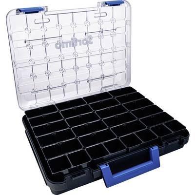 Contenitore portaoggetti in plastica aperto con coperchio trasparente, clip di chiusura blu e scompartimenti neri, adatto per conservare piccoli oggetti.