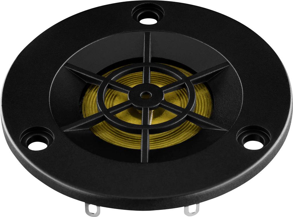 Altoparlante nero con centro della membrana giallo, circondato da una griglia di protezione.