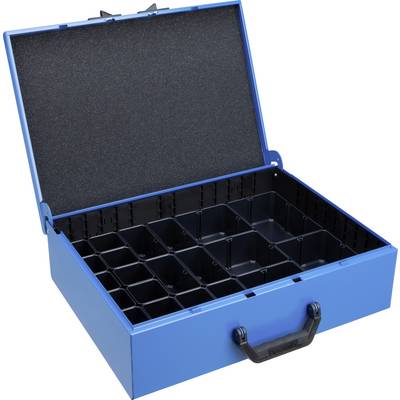 Un contenitore blu metallico aperto con manico nero, dotato di un inserto estraibile con più scompartimenti per la conservazione.
