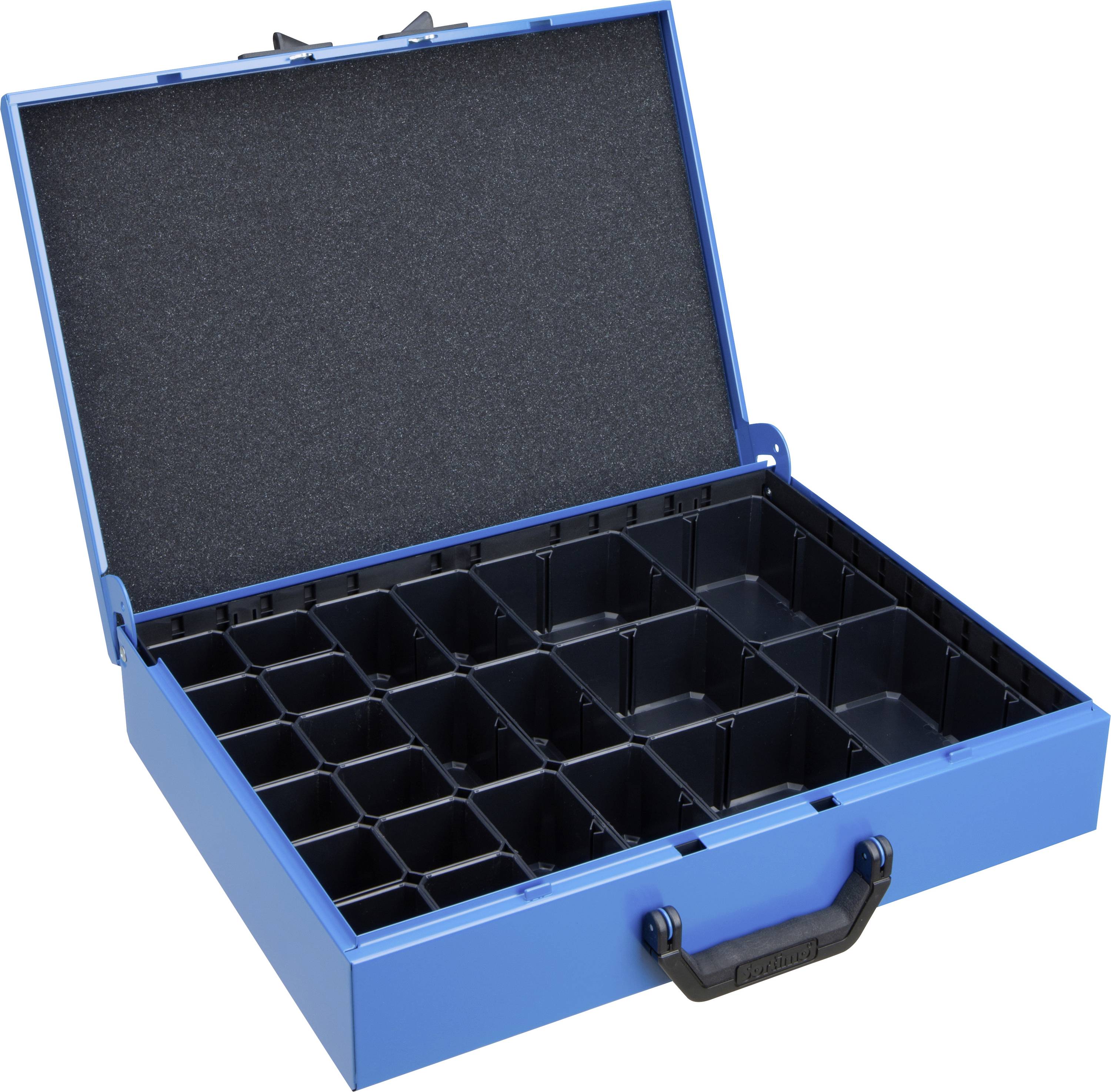 Una valigia blu aperta con coperchio nero in schiuma e diversi scomparti neri per ordinare o conservare utensili.