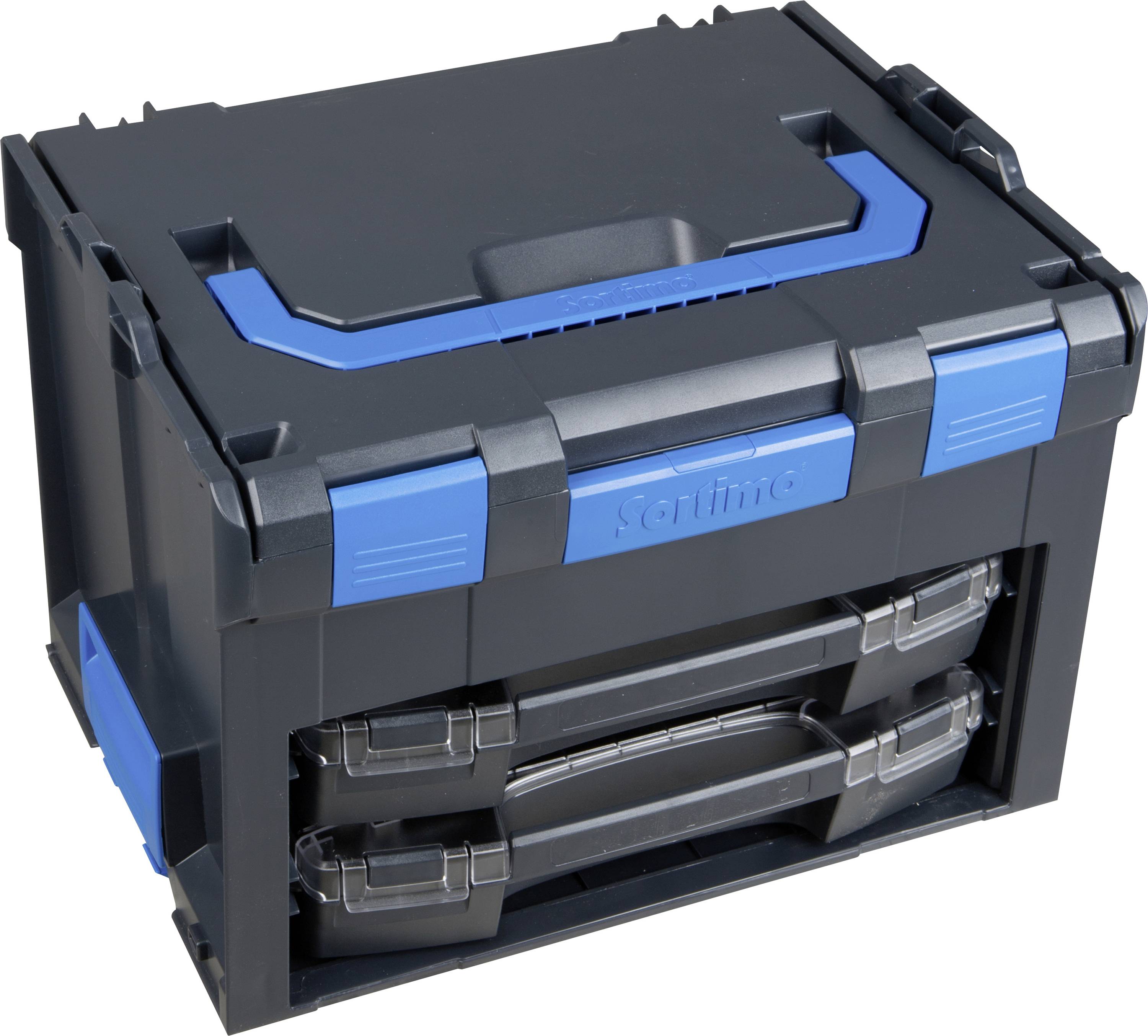Un pratico cassetta degli attrezzi nero con dettagli blu e due cassetti. Ideale per conservare utensili e accessori.