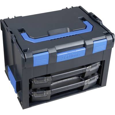 Un pratico cassetta degli attrezzi nero con dettagli blu e due cassetti. Ideale per conservare utensili e accessori.