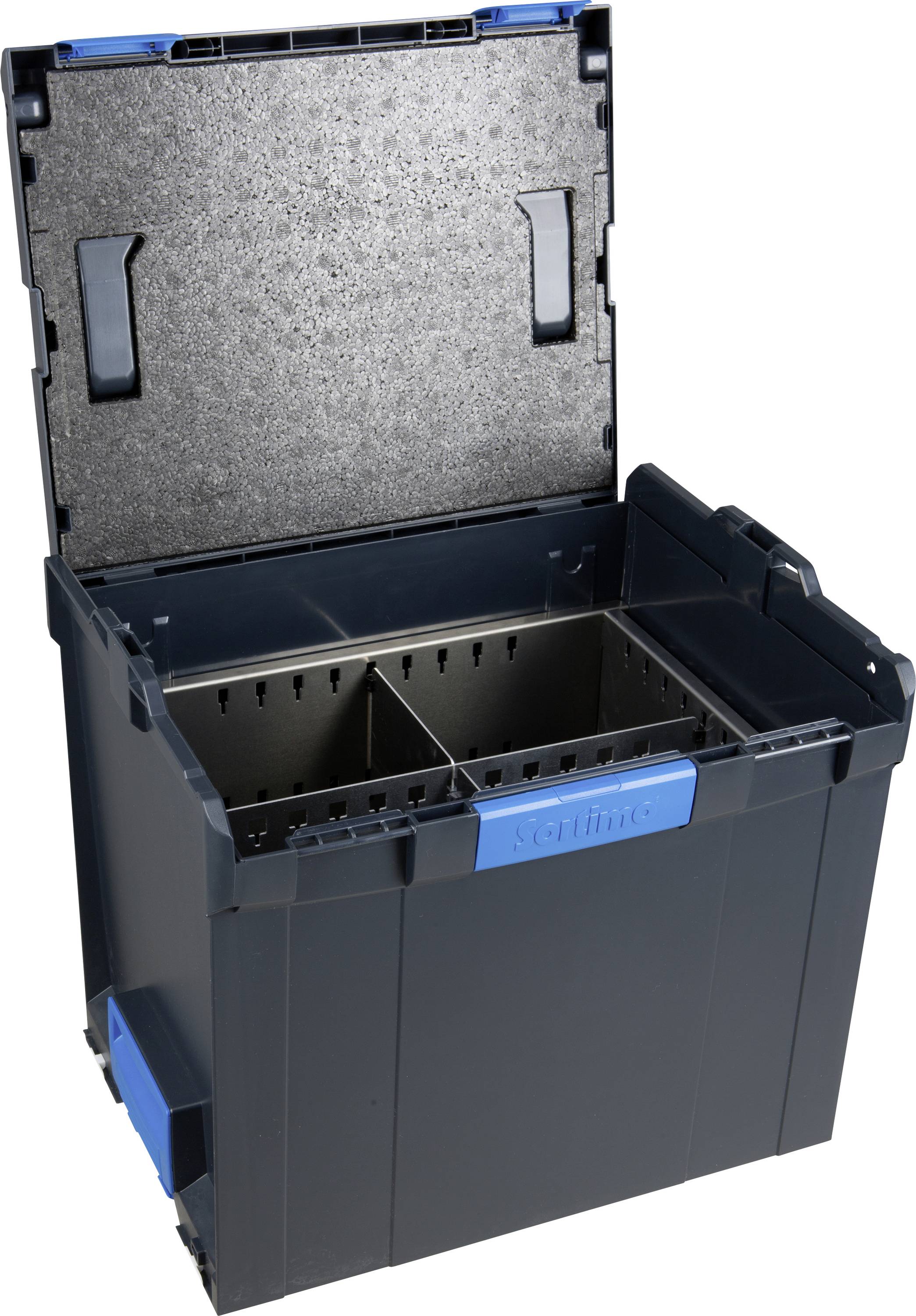 Una scatola aperta in plastica nera con due setti divisori e chiusura blu.