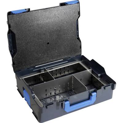 Cassetta degli attrezzi aperta con diversi scomparti e un manico blu, adatta per conservare e organizzare gli utensili.
