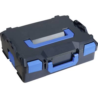 Un'valigetta degli attrezzi nera con manici e chiusure blu, chiusa e pronta per il trasporto o la conservazione.